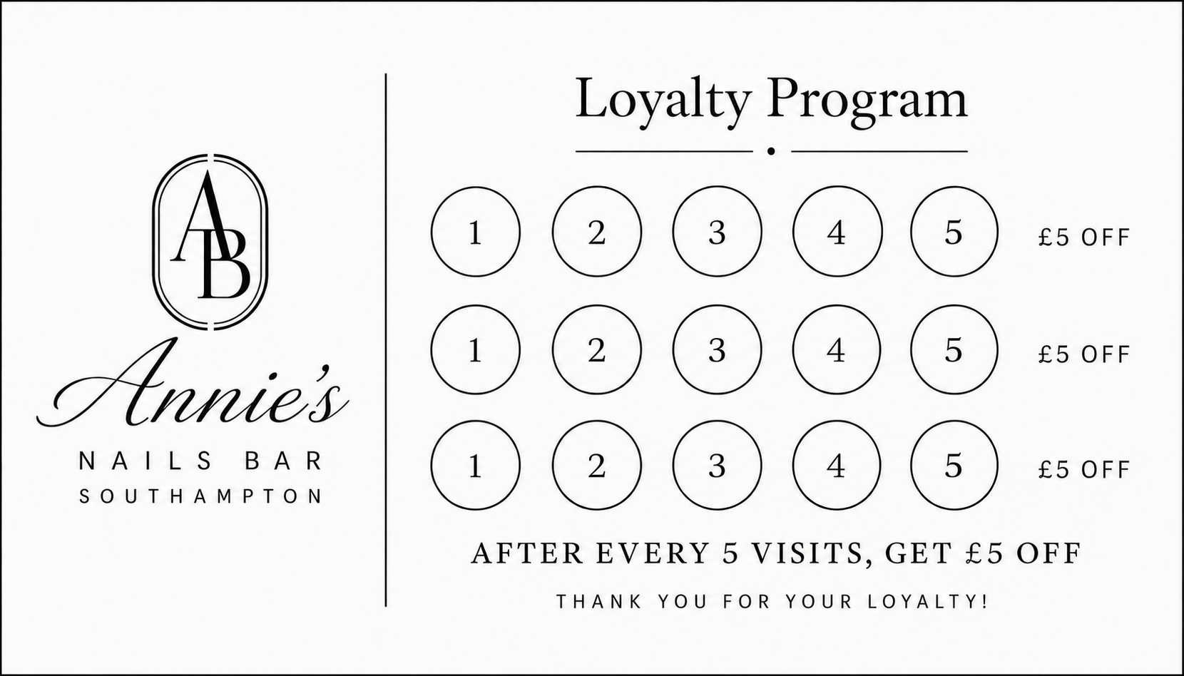 Back of Annie's Nails Bar loyalty card showing the stamp rewards
