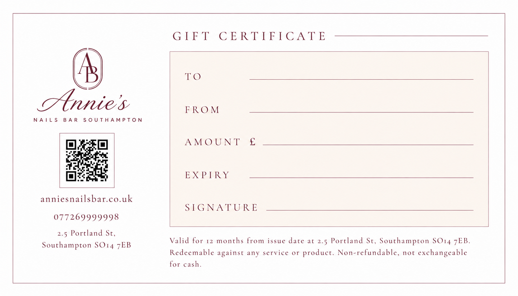 Back of Annie's Nails Bar gift certificate